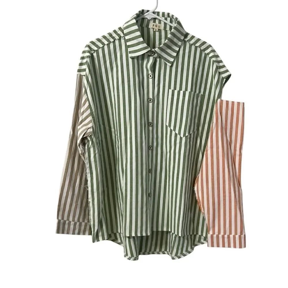 POL Striped Green & Pink Button Down Shirt (Size Small)